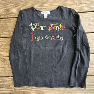 Vtg KIKIT Christmas "Dear Santa, I Can Explain"  Embroidered Black Long Sleeve S